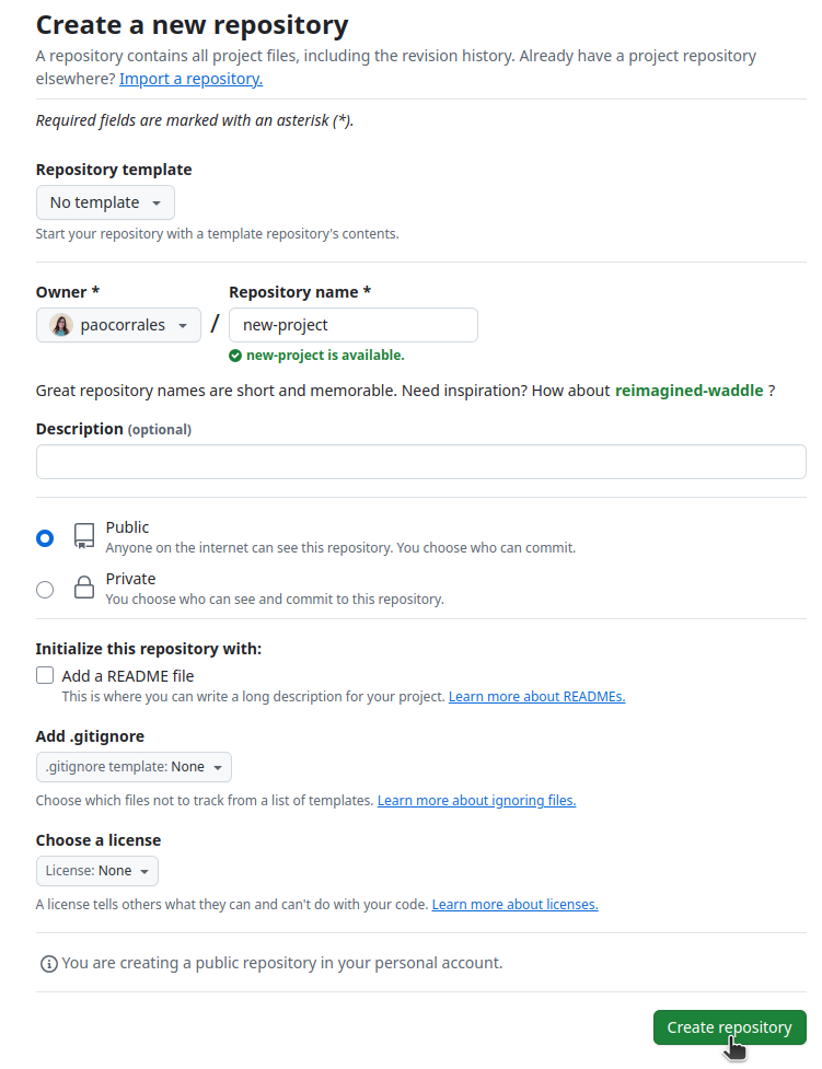 Screenshot of the new repository form on the GitHub webpage. You need to provide the repository name, and specify that neither a readme nor a license should be created