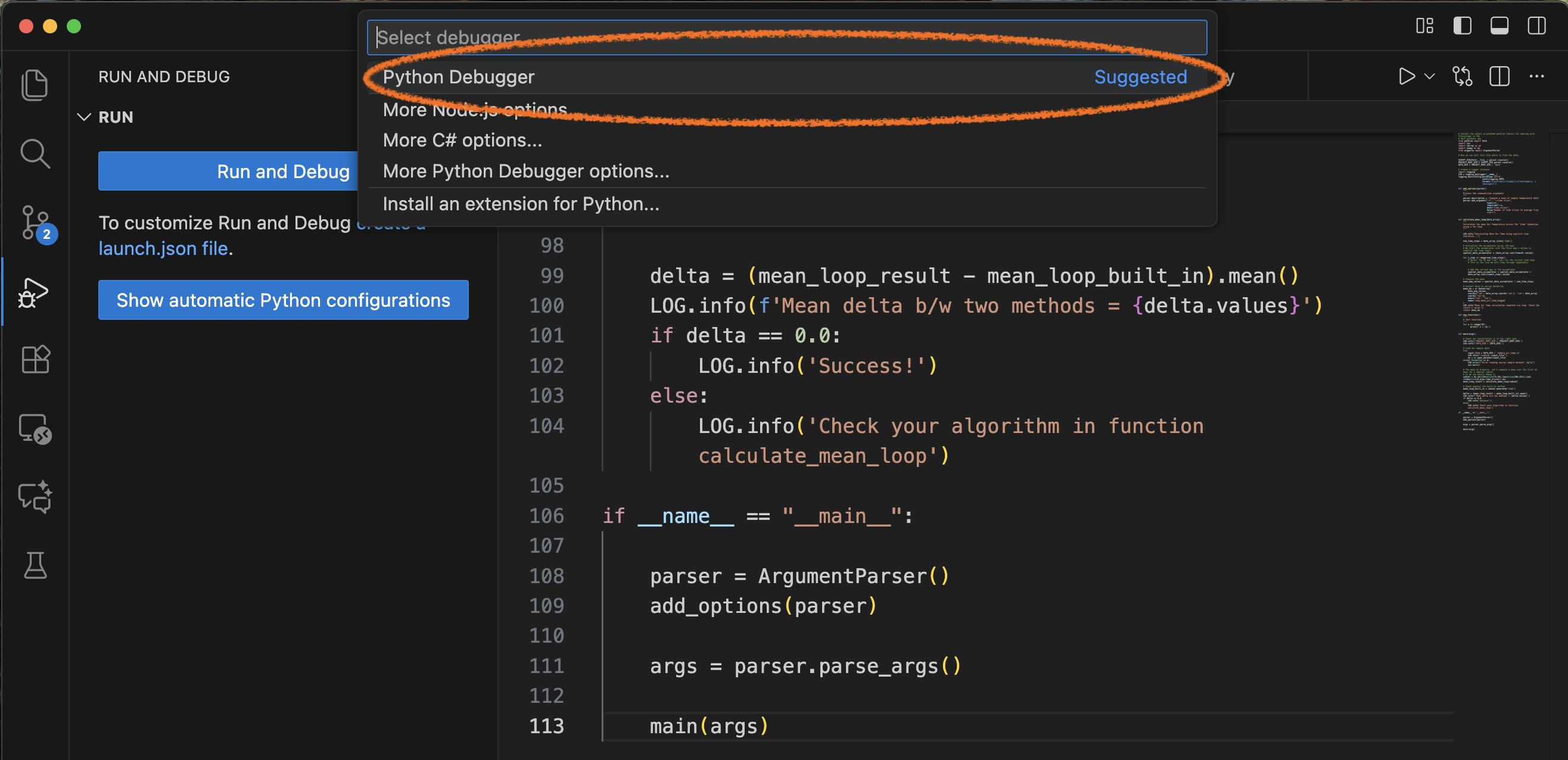 Select your debug options
