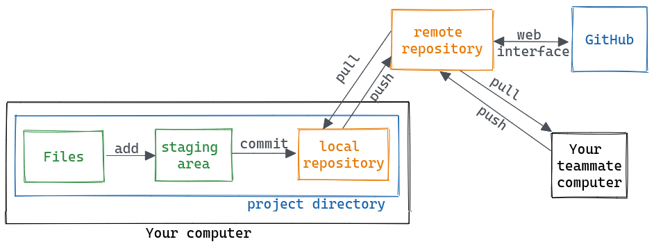 Concept model of a workflow using git. Files are added to the staging area, and then commited to the local repository. You can push commits to the remote repository and pull new commits to your computer.