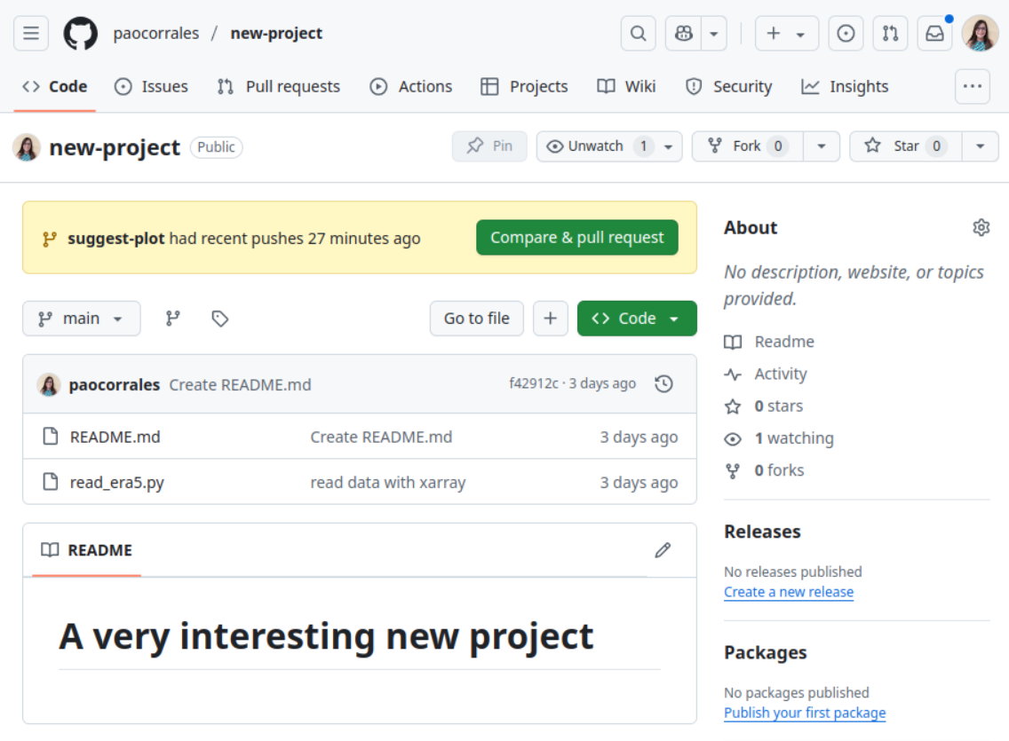 Screenshot of repo in GitHub.com/username/new-project with a new commit in a branch that is not main. It shows a button that says "Compare & pull request" on the top of the page