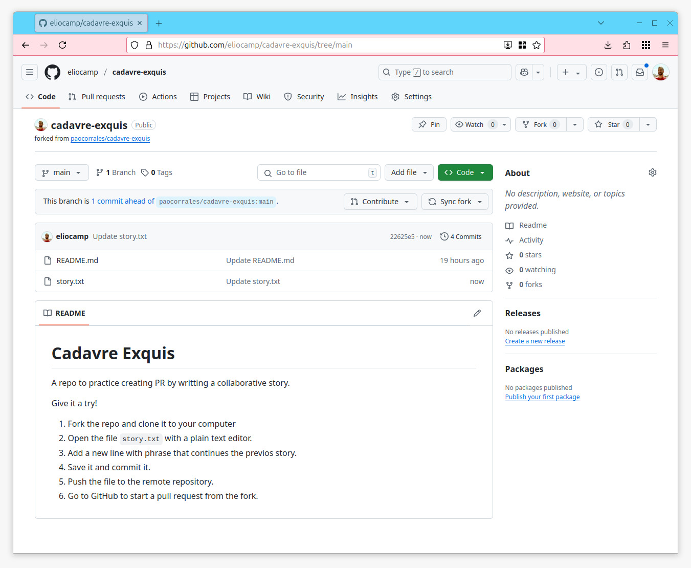 Screenshot of a forked repo in GitHub.com/username/new-project with a new commit. It shows a button that says "Contribute" on the top of the page